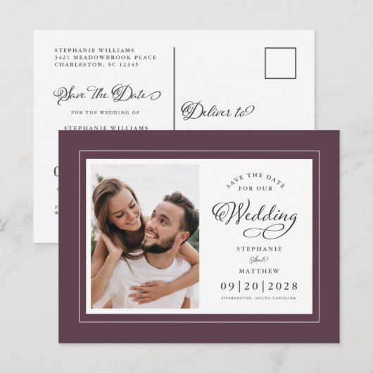 Sparen de Datum Paarse Foto & Witte Legant Weddens Aankondigingskaart (Voorkant / Achterkant)