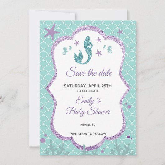 Sparen de Datum Paarse Glitter van de Zeemeermin B Save The Date (Voorkant)