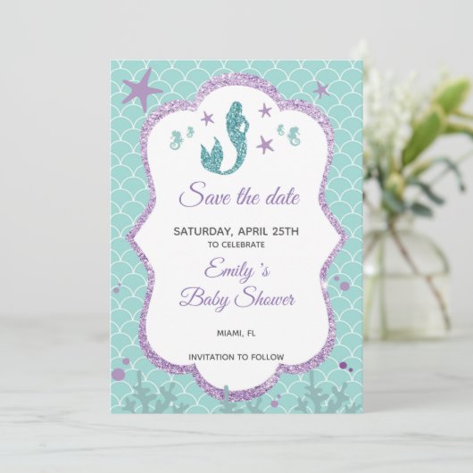 Sparen de Datum Paarse Glitter van de Zeemeermin B Save The Date (Staand voorkant)