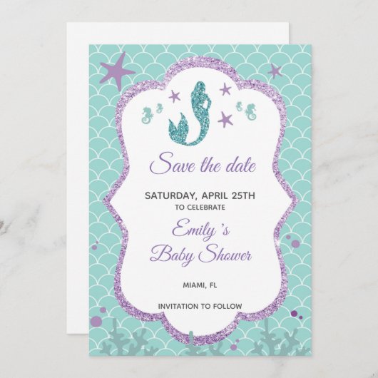Sparen de Datum Paarse Glitter van de Zeemeermin B Save The Date (Voorkant / Achterkant)