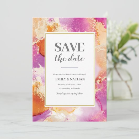 Sparen de datum Paarse Oranje Inky Uitnodiging (Staand voorkant)