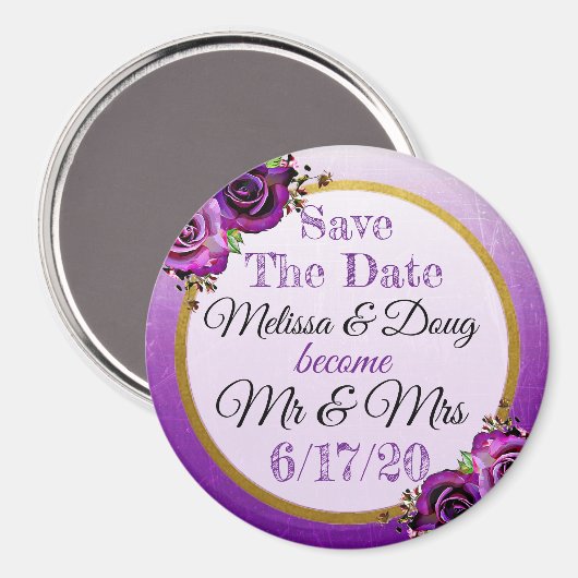 Sparen de Datum Paarse Rozen Wedding Magnet (Voorkant / Achterkant)