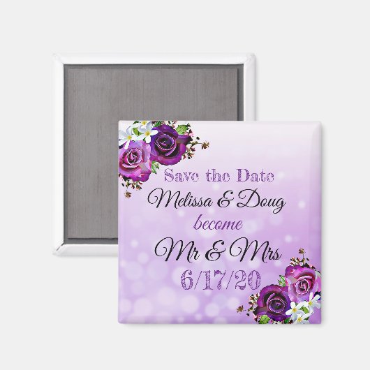 Sparen de Datum Paarse Rozen Wedding Magnet (Voorkant / Achterkant)