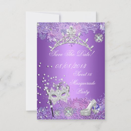 Sparen de Datum Paarse Sweet Sixteen 16 Masquerade Save The Date (Voorkant)