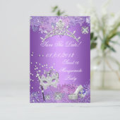 Sparen de Datum Paarse Sweet Sixteen 16 Masquerade Save The Date (Staand voorkant)