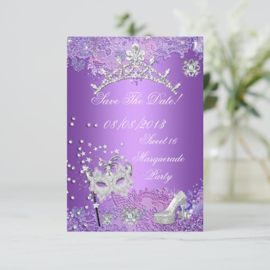 Sparen de Datum Paarse Sweet Sixteen 16 Masquerade Save The Date (Staand voorkant)