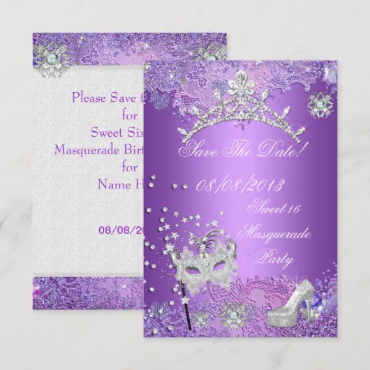 Sparen de Datum Paarse Sweet Sixteen 16 Masquerade Save The Date (Voorkant / Achterkant)