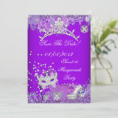 Sparen de Datum Paarse Sweet Sixteen 16 Masquerade Save The Date (Staand voorkant)