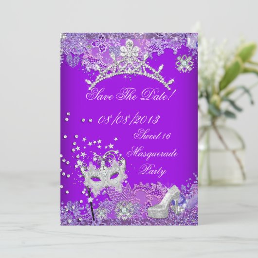 Sparen de Datum Paarse Sweet Sixteen 16 Masquerade Save The Date (Staand voorkant)
