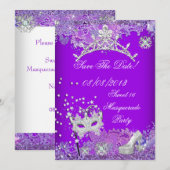 Sparen de Datum Paarse Sweet Sixteen 16 Masquerade Save The Date (Voorkant / Achterkant)