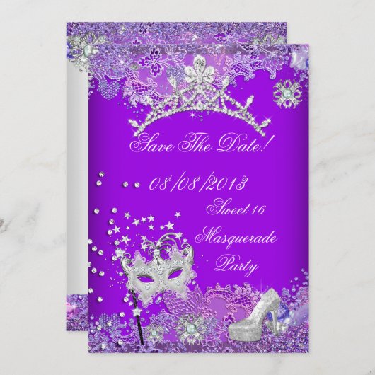 Sparen de Datum Paarse Sweet Sixteen 16 Masquerade Save The Date (Voorkant / Achterkant)