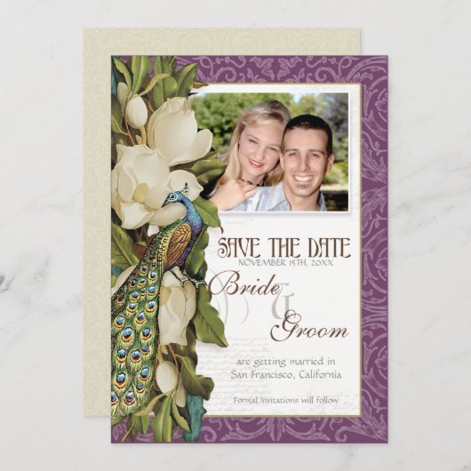 Sparen de Datum - Pacock & Magnolia Swirls Save The Date (Voorkant / Achterkant)