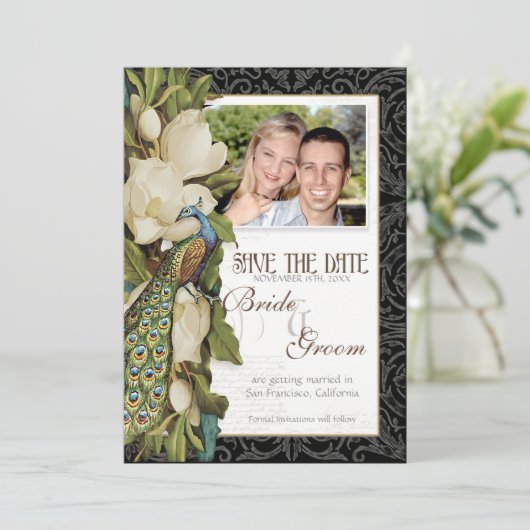 Sparen de Datum -  Pacock & Magnolia Swirls Save The Date (Staand voorkant)