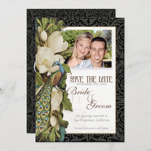 Sparen de Datum - Pacock & Magnolia Swirls Save The Date (Voorkant / Achterkant)