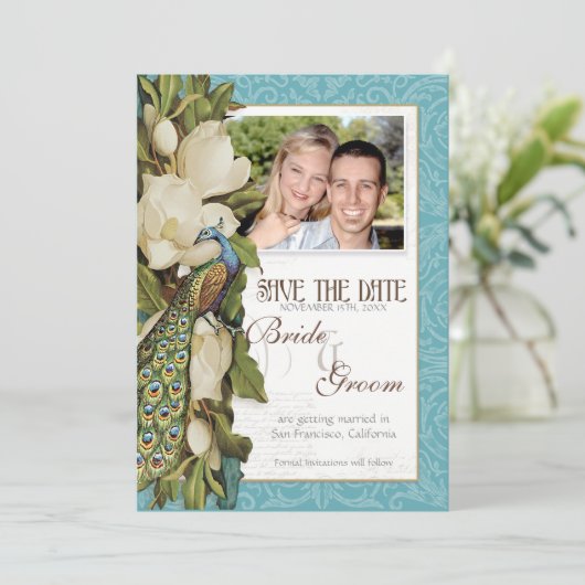 Sparen de Datum -  Pacock & Magnolia Swirls Save The Date (Staand voorkant)