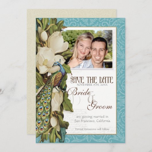 Sparen de Datum -  Pacock & Magnolia Swirls Save The Date (Voorkant / Achterkant)