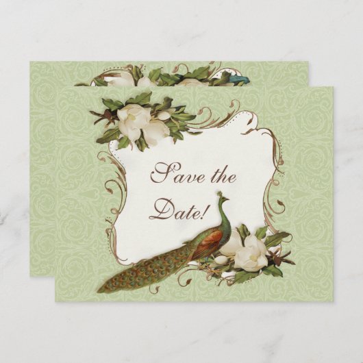 Sparen de Datum - Peacock & Magnolia Swirl Save The Date (Voorkant / Achterkant)