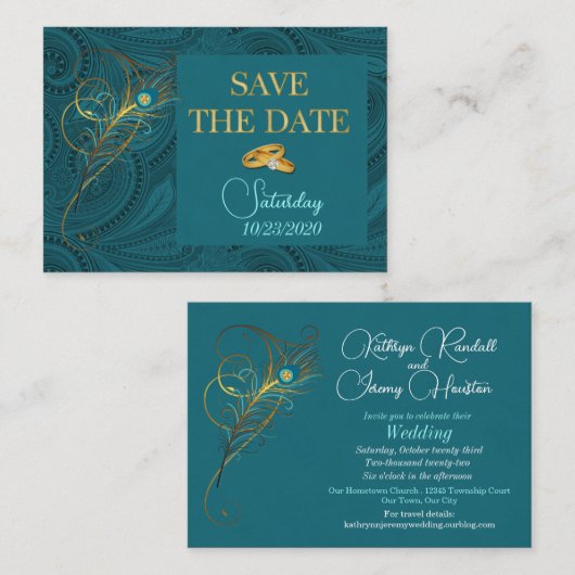 Sparen de Datum Peacock Wedding Mini Handout Informatiekaartje (Voorkant / Achterkant)