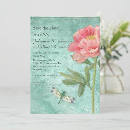 Sparen de Datum Peony Bloemen in Dragonfly Save The Date (Staand voorkant)