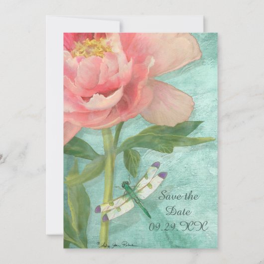 Sparen de Datum Peony Bloemen in Dragonfly Save The Date (Achterkant)