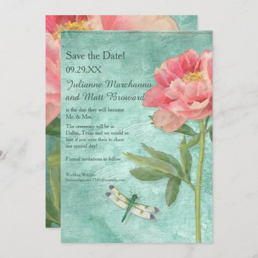 Sparen de Datum Peony Bloemen in Dragonfly Save The Date (Voorkant / Achterkant)