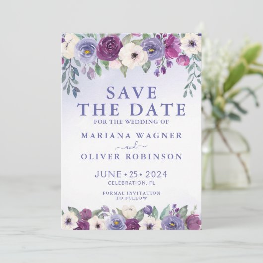 Sparen de Datum Periwinkle Fuchsia Blush Floral Kaart (Staand voorkant)