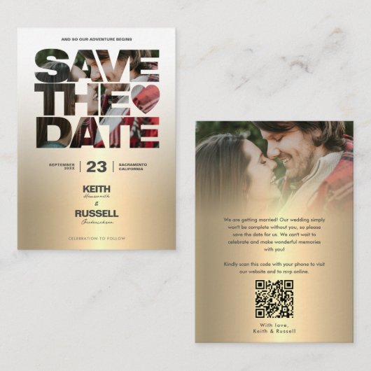Sparen de Datum QR Weddenschap Website Gold Informatiekaartje (Voorkant / Achterkant)