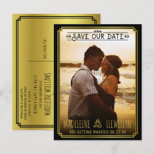 Sparen de Datum Retro Black Gold Deco Weddenfoto Aankondigingskaart