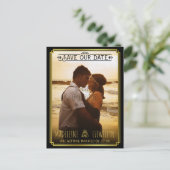 Sparen de Datum Retro Black Gold Deco Weddenfoto Aankondigingskaart (Staand voorkant)