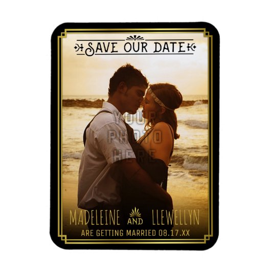 Sparen de Datum Retro Black Gold Deco Weddenfoto Magneet (Verticaal)