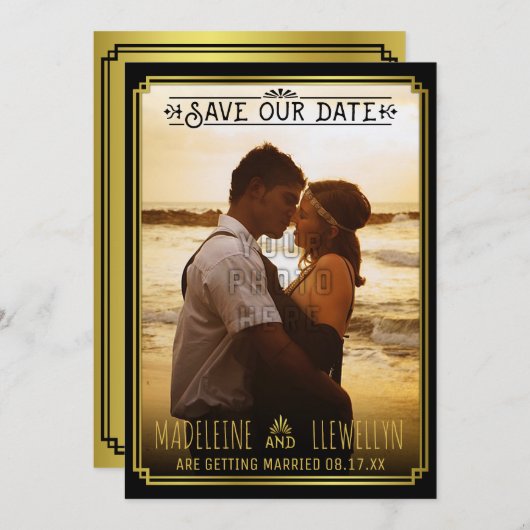 Sparen de Datum Retro Black Gold Deco Weddenfoto Save The Date (Voorkant / Achterkant)