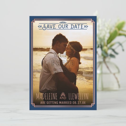 Sparen de Datum Retro Roos Gold Deco Weddenfoto Save The Date (Staand voorkant)