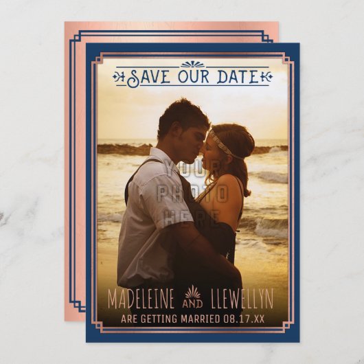 Sparen de Datum Retro Roos Gold Deco Weddenfoto Save The Date (Voorkant / Achterkant)