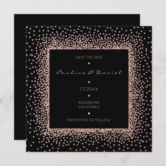 Sparen de Datum Roos Gold Black Glitter Monogram L Save The Date (Voorkant / Achterkant)