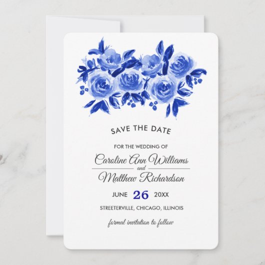 Sparen de Datum Royal Blue Floral Foto Card Save The Date (Voorkant)