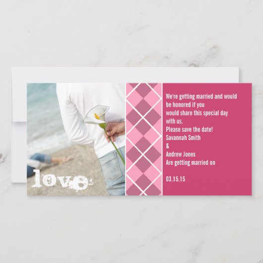 Sparen de Datum roze Argyle Uw Foto Save The Date (Voorkant)