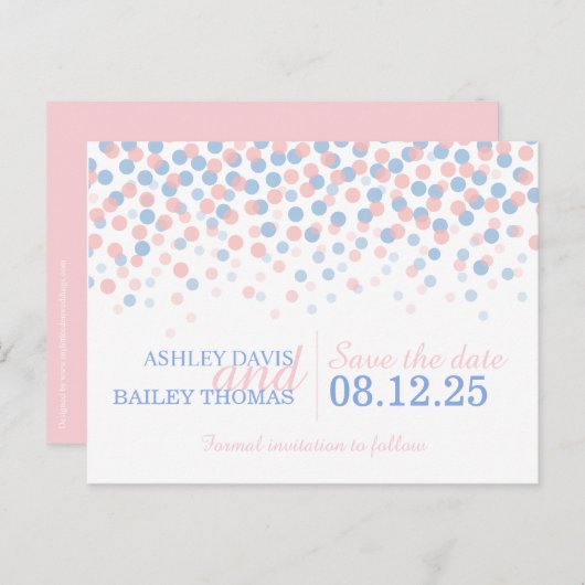 Sparen de datum roze blauwe confetti stippen trouw aankondigingskaart (Voorkant / Achterkant)