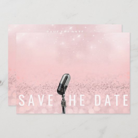Sparen de Datum Roze Blush Roos Glitter Microfone Save The Date (Voorkant / Achterkant)