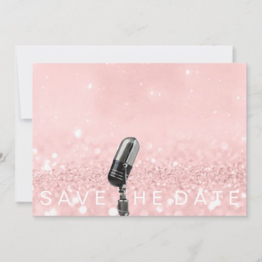 Sparen de Datum Roze Blush Roos Glitter Microfone Save The Date (Voorkant)