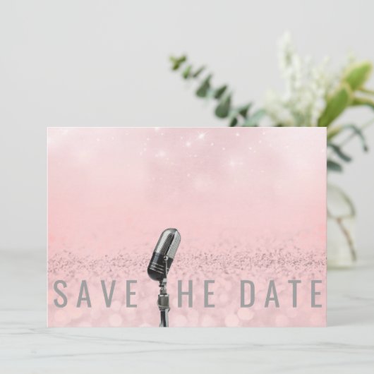 Sparen de Datum Roze Blush Roos Glitter Microfone Save The Date (Staand voorkant)