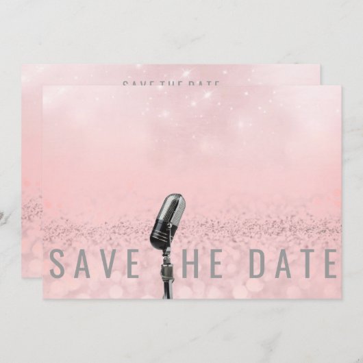 Sparen de Datum Roze Blush Roos Glitter Microfone Save The Date (Voorkant / Achterkant)