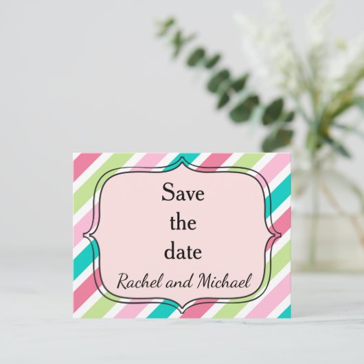 Sparen de datum Roze en Blauwe Stripes Aankondigingskaart (Staand voorkant)