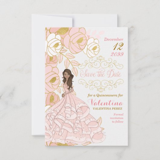 Sparen de Datum Roze Gouden Kuifmeel van Quinceane Save The Date (Voorkant)