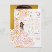 Sparen de Datum Roze Gouden Kuifmeel van Quinceane Save The Date (Voorkant / Achterkant)