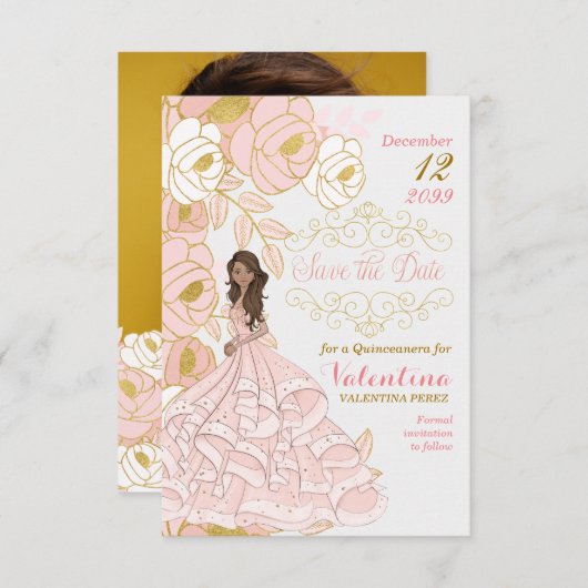 Sparen de Datum Roze Gouden Kuifmeel van Quinceane Save The Date (Voorkant / Achterkant)