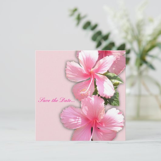 "Sparen de Datum" Roze Hibiscus Uitnodiging (Staand voorkant)