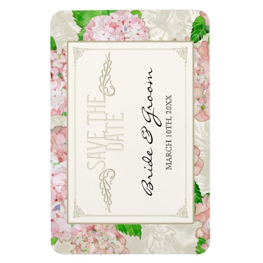 Sparen de Datum, Roze Hydrangea Foral van de kant Magneet (Verticaal)