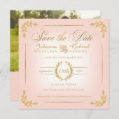 Sparen de Datum, Roze n Gold Laurel Leaf Typografi Save The Date (Voorkant / Achterkant)