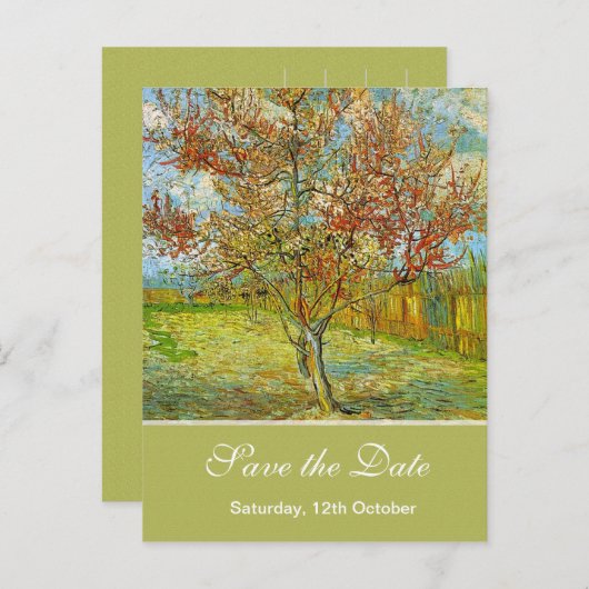 Sparen de Datum, Roze Peach Boom in Blossom Remi.. Aankondigingskaart (Voorkant / Achterkant)