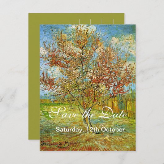 Sparen de Datum, Roze Peach Boom in Blossom Remi.. Aankondigingskaart (Voorkant / Achterkant)